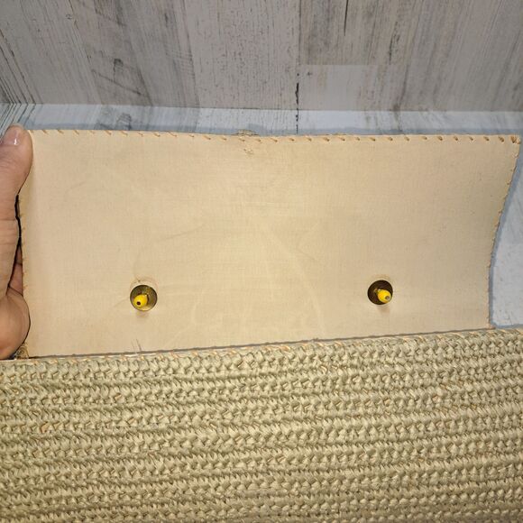 VTG Handbag Woven Raffia Straw Purse Wood Handle Sea Shells Boho Beach Cruise - Picture 11 of 14